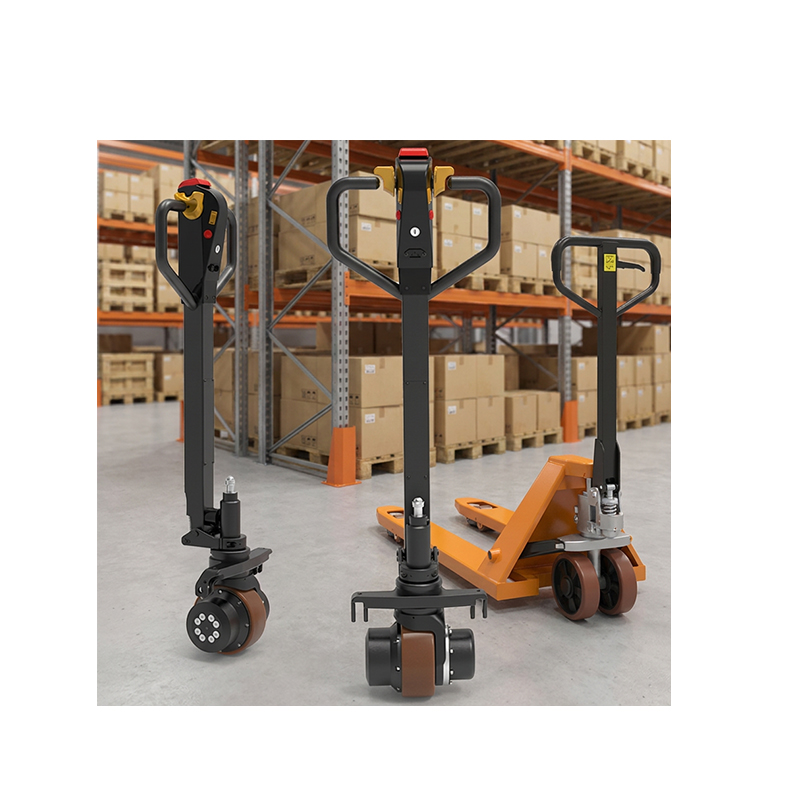 Electric pallet truck with powerful dual-motor drive units and a wireless remote control handle