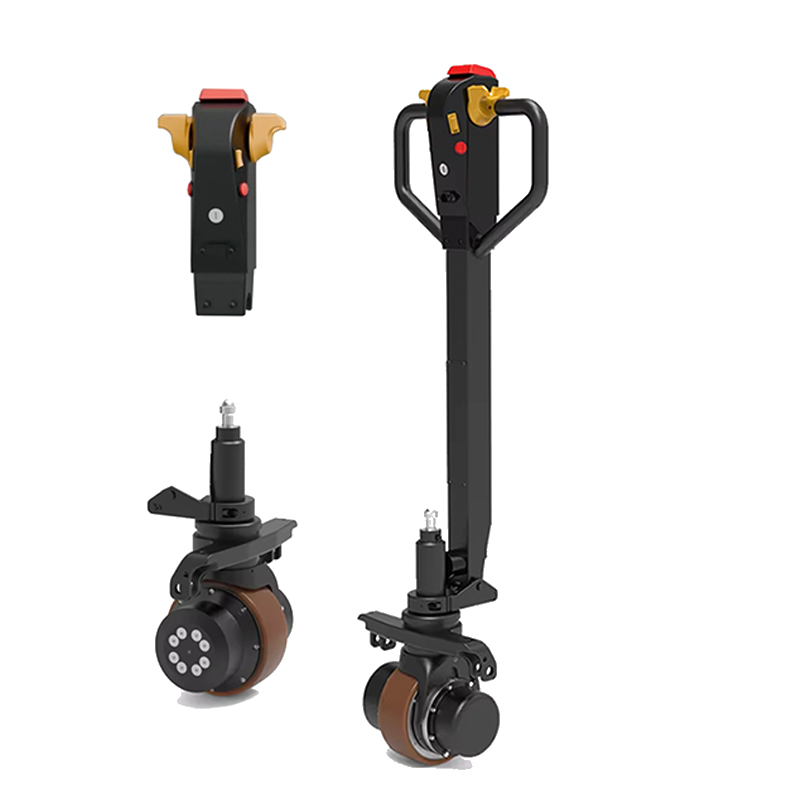 Electric pallet truck with powerful dual-motor drive units and a wireless remote control handle